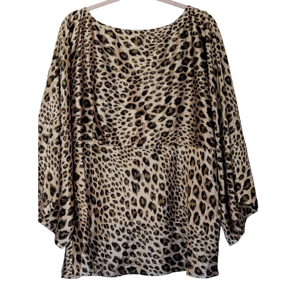 London Star Collection Leopard Print Blouse 2X Polyester Spandex Bejeweled Neckl